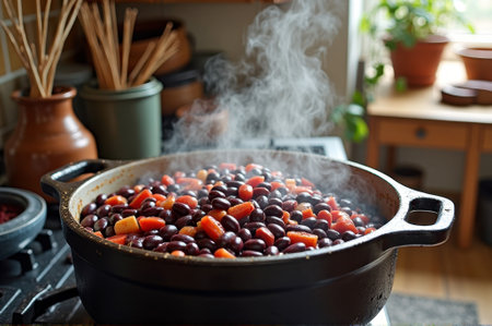 Hearty homemade stew with black beans and carrots in rustic kitchen setting. That the image is generated using AI.の素材