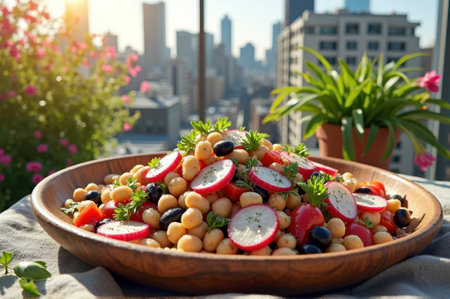 Chickpea salad with radish and olives on urban balcony at sunset. That the image is generated using AI.の素材