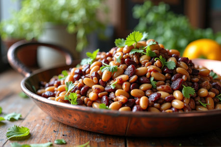 Delicious mixed bean salad with fresh cilantro and spices. That the image is generated using AI.の素材