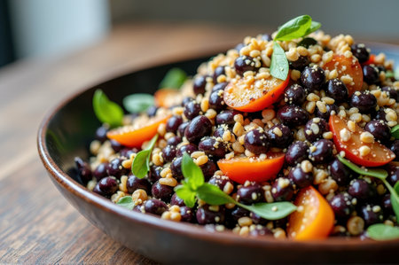 Fresh black bean and quinoa salad with cherry tomatoes and basil. That the image is generated using AI.の素材