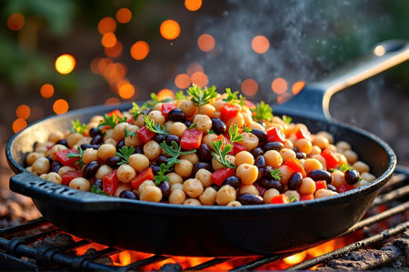 Colorful chickpea and black bean salad in skillet with fresh herbs and red bell peppers. That the image is generated using AI.の素材