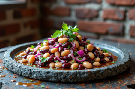 Rustic mixed bean salad with red onion and parsley garnish in stone plate. That the image is generated using AI.の素材