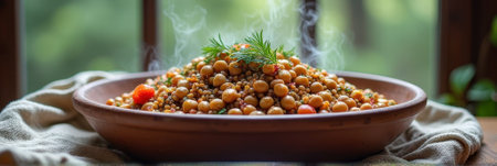 Steaming bowl of mixed lentils and vegetables with fresh herbs in rustic setting. That the image is generated using AI.の素材