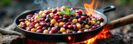 Colorful bean mix cooking over open fire. That the image is generated using AI.の素材