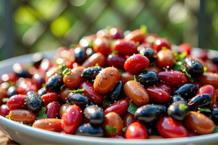 Fresh colorful olives and cherry tomatoes in sunlit garden setting. That the image is generated using AI.の素材