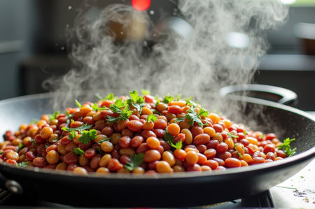 Steaming pan of colorful beans with fresh green garnish in kitchen setting. That the image is generated using AI.の素材