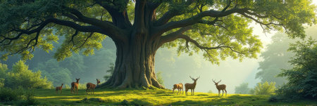 Majestic deer grazing under ancient oak tree in sunlit forest clearing. That the image is generated using AI.の素材