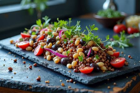 Vibrant mediterranean bean salad with cherry tomatoes and herbs on slate platter. That the image is generated using AI.の素材