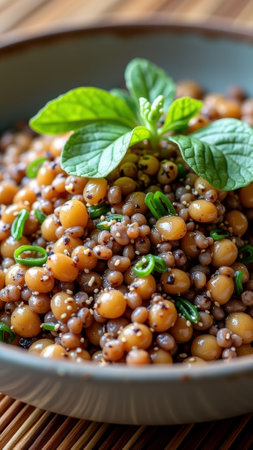 Delicious sorghum salad with fresh mint and chives in a bowl. That the image is generated using AI.の素材