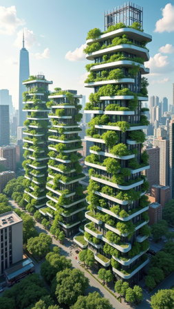 Futuristic urban green towers in city skyline with abundant vertical gardens. That the image is generated using AI.の素材