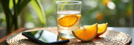 Refreshing citrus drink with orange slices next to smartphone on sunlit table. That the image is generated using AI.の素材