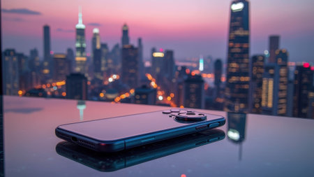 Smartphone on reflective surface with vibrant city skyline at dusk. That the image is generated using AI.の素材