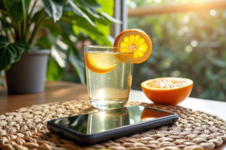 Refreshing lemonade with orange slices near smartphone on sunny morning. That the image is generated using AI.の素材