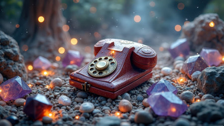 Vintage red rotary telephone with glowing purple crystals on pebble ground in enchanted forest. That the image is generated using AI.の素材