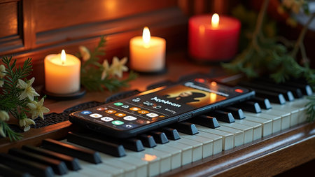 Smartphone on piano with lit candles and greenery in cozy ambient setting. That the image is generated using AI.の素材