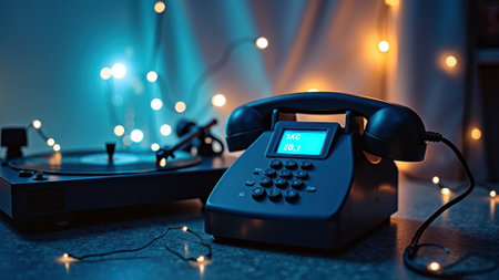 Retro telephone and vinyl record player with ambient string lights in cozy setting. That the image is generated using AI.の素材