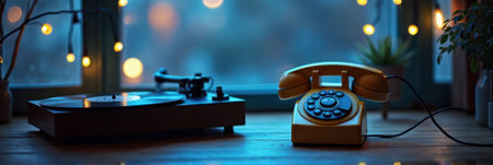 Vintage yellow telephone and turntable on a cozy evening with string lights. That the image is generated using AI.の素材