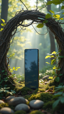 Smartphone in forest with natural vine and leaf archway capturing sunlight. That the image is generated using AI.の素材