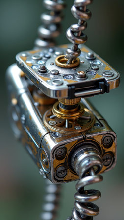 Intricate mechanical device featuring metal gears and springs with industrial design. That the image is generated using AI.の素材