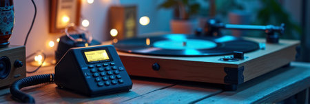 Retro turntable and vintage answering machine on wooden table with ambient lighting. That the image is generated using AI.の素材