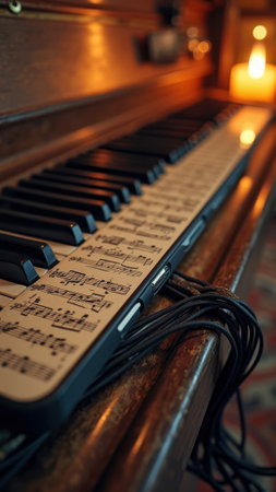Vintage piano keys with music sheet overlay and warm candlelight ambiance. That the image is generated using AI.の素材