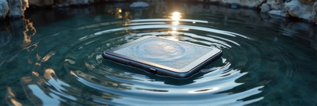 Tablet floating on water surface creating circular ripples at sunset. That the image is generated using AI.の素材