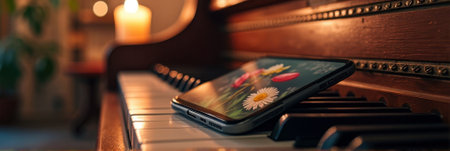 Smartphone with flower wallpaper on piano with candlelit ambiance. That the image is generated using AI.の素材