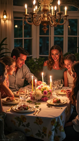 Caucasian family enjoying dinner with candles and flowers in cozy home setting.の素材