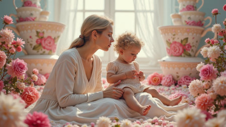 Caucasian female adult and child in floral room with soft light and pastel colors.の素材