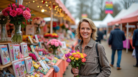 Caucasian mature female holding flowers at outdoor market with colorful stalls and books.の素材