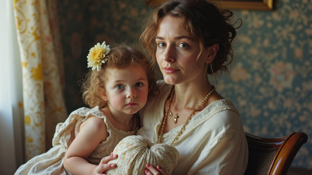 Caucasian woman and child with pumpkin in vintage room, warm lighting, autumn theme.の素材