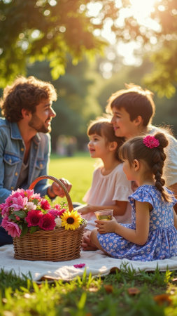 Caucasian family enjoying a picnic outdoors with laughter and sunshine.の素材