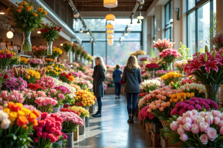 Vibrant flower market with shoppers among colorful bouquets in the sunny hallway.の素材