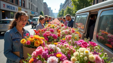 Caucasian female young adults arranging colorful flowers on city street.の素材