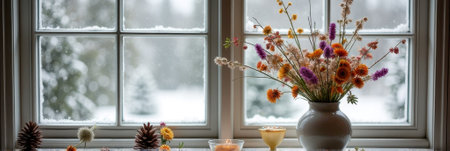 Cozy winter scene with vibrant flowers by snowy window. That the image is generated using AI.の素材