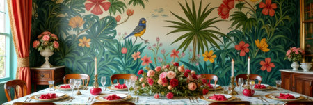 Elegant dining room with floral mural and bird decor. That the image is generated using AI.の素材