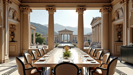Elegant roman-inspired dining hall with majestic mountain view and classical columns. That the image is generated using AI.の素材