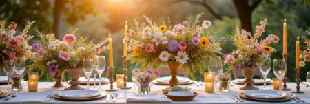 Elegant outdoor floral table setting with candles at sunset. That the image is generated using AI.の素材