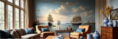 Elegant living room with nautical-themed wall art and classic decor. That the image is generated using AI.の素材
