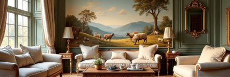 Elegant living room with pastoral mural and classic furniture design in natural light. That the image is generated using AI.の素材