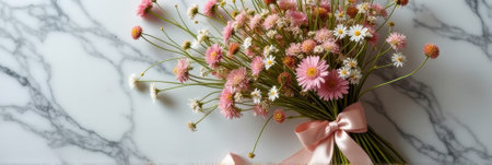 Beautiful bouquet of pink and white wildflowers with pink ribbon on marble surface. That the image is generated using AI.の素材