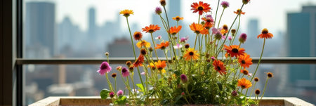 Vibrant wildflowers blooming in urban cityscape. That the image is generated using AI.の素材