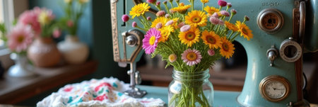 Vintage sewing machine with jar of colorful flowers in sunlit room. That the image is generated using AI.の素材