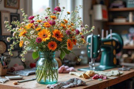 Vibrant floral arrangement in sewing room with vintage machine. That the image is generated using AI.の素材