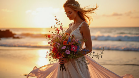Young caucasian female bride holding colorful bouquet on sunset beach. That the image is generated using AI.の素材