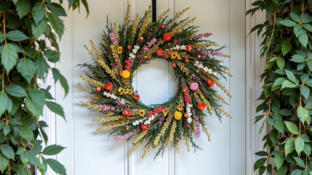 Vibrant floral wreath on door with lush greenery. That the image is generated using AI.の素材