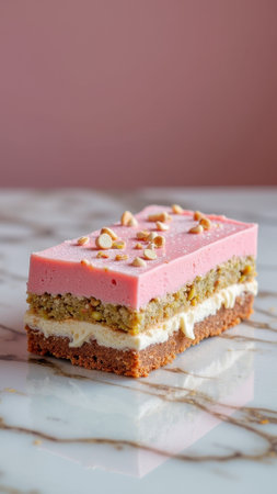 Delicious pink layered dessert with nuts on marble surface. That the image is generated using AI.の素材