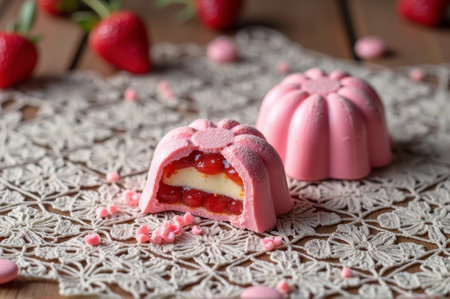 Pink strawberry mousse desserts with lace doily on wooden table. That the image is generated using AI.の素材