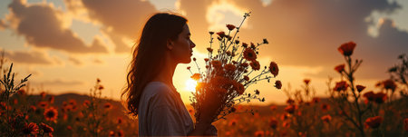 Young caucasian female holding flowers in sunset field. That the image is generated using AI.の素材