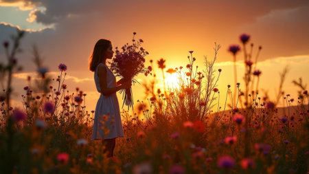 Silhouette of caucasian female holding flowers in field at sunset. That the image is generated using AI.の素材